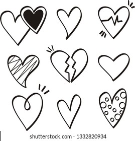 Set of nine hand drawn heart