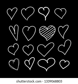 Set of nine hand drawn heart. Handdrawn rough marker hearts isolated on back background. Vector illustration for your graphic design