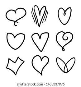 Set of nine hand drawn heart. Handdrawn rough marker hearts isolated on white background. Vector illustration for your graphic design