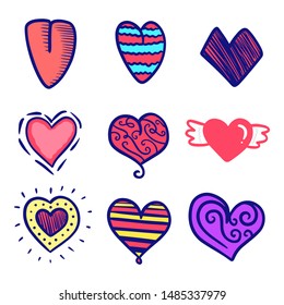 Set of nine hand drawn heart. Handdrawn rough marker hearts isolated on white background. Vector illustration for your graphic design