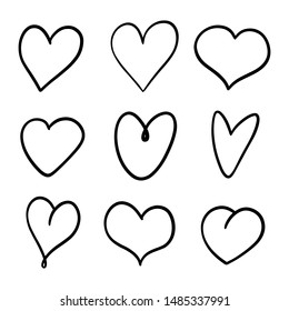 Set of nine hand drawn heart. Handdrawn rough marker hearts isolated on white background. Vector illustration for your graphic design