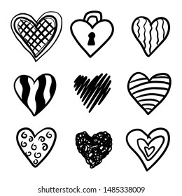Set of nine hand drawn heart. Handdrawn rough marker hearts isolated on white background. Vector illustration for your graphic design