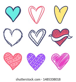 Set of nine hand drawn heart. Handdrawn rough marker hearts isolated on white background. Vector illustration for your graphic design