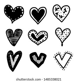 Set of nine hand drawn heart. Handdrawn rough marker hearts isolated on white background. Vector illustration for your graphic design