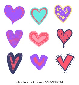 Set of nine hand drawn heart. Handdrawn rough marker hearts isolated on white background. Vector illustration for your graphic design