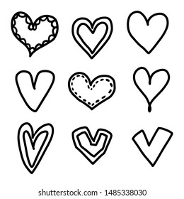 Set of nine hand drawn heart. Handdrawn rough marker hearts isolated on white background. Vector illustration for your graphic design