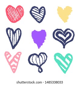 Set of nine hand drawn heart. Handdrawn rough marker hearts isolated on white background. Vector illustration for your graphic design