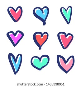 Set of nine hand drawn heart. Handdrawn rough marker hearts isolated on white background. Vector illustration for your graphic design