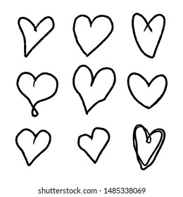 Set of nine hand drawn heart. Handdrawn rough marker hearts isolated on white background. Vector illustration for your graphic design