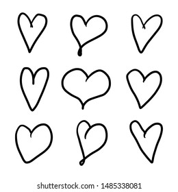 Set of nine hand drawn heart. Handdrawn rough marker hearts isolated on white background. Vector illustration for your graphic design