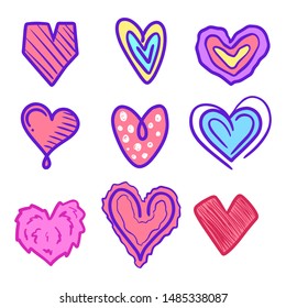 Set of nine hand drawn heart. Handdrawn rough marker hearts isolated on white background. Vector illustration for your graphic design