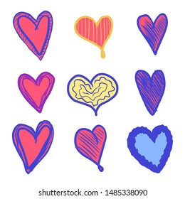 Set of nine hand drawn heart. Handdrawn rough marker hearts isolated on white background. Vector illustration for your graphic design