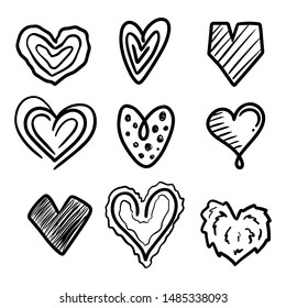 Set of nine hand drawn heart. Handdrawn rough marker hearts isolated on white background. Vector illustration for your graphic design