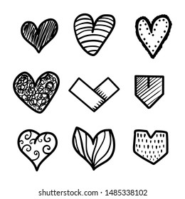 Set of nine hand drawn heart. Handdrawn rough marker hearts isolated on white background. Vector illustration for your graphic design