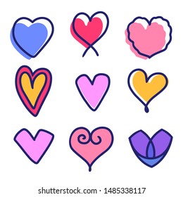 Set of nine hand drawn heart. Handdrawn rough marker hearts isolated on white background. Vector illustration for your graphic design