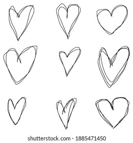 Set of nine hand drawn heart. Handdrawn rough marker hearts isolated on white background. Vector illustration for your graphic design
