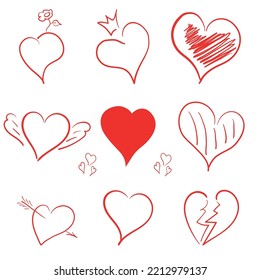 Conjunto de nueve corazones dibujados a mano. Corazones de marcadores ásperos dibujados a mano aislados en fondo blanco. Ilustración vectorial para su diseño gráfico 