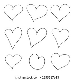 Set of nine hand drawn heart. Handdrawn rough marker hearts isolated on white background. 