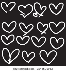 Set of nine hand drawn heart. Handdrawn rough marker hearts isolated on white background. Vector illustration for your graphic design.