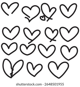 Set of nine hand drawn heart. Handdrawn rough marker hearts isolated on white background. Vector illustration for your graphic design.