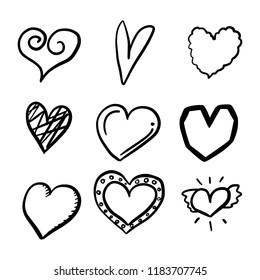 Set of nine hand drawn hearts. Handdrawn rough marker heart isolated on white background. Vector illustration for your graphic design
