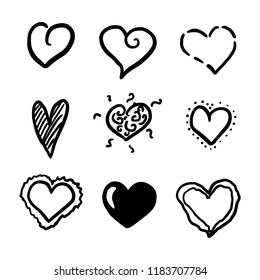 Set of nine hand drawn hearts. Handdrawn rough marker heart isolated on white background. Vector illustration for your graphic design
