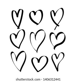 Set of nine hand drawn hearts. Handdrawn rough marker hearts isolated on white background. 