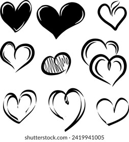 Set of nine hand drawn hearts. Handdrawn rough heart marker isolated on wihite background. Vector illustration for Valentine's day design