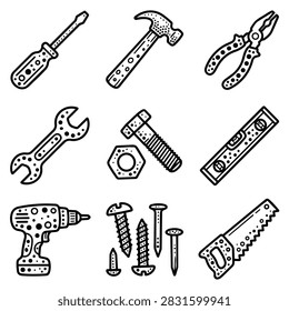 A set of nine hand drawn illustrations of various tools and hardware items including a screwdriver hammer pliers wrench bolt nut level drill screws and saw