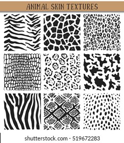 Set of nine hand drawn ink abstract textures. Vector backgrounds of simple primitive scratchy animal skin patterns