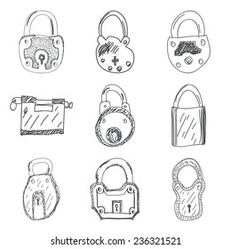 Set of nine hand drawn padlock vector illustration