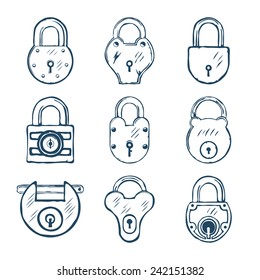 Set of Nine Hand drawn Padlocks Vector Illustration