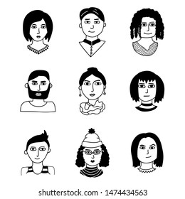 Set with nine hand drawn people faces different types - asian, european, mediterranean. Creative black and white avatars on white background. Minimalistic set with varied haircuts. 