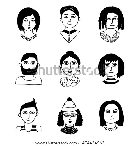 Set with nine hand drawn people faces different types - asian, european, mediterranean. Creative black and white avatars on white background. Minimalistic set with varied haircuts. 