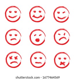 Set Of Nine Hand Drawn Red Smile Face