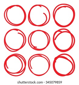 Set of nine hand drawn scribble circles and highlights, vector logo and diagrams design elements on white.