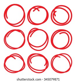 Set of nine hand drawn scribble circles and highlights, vector logo and diagrams design elements on white.