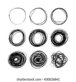 Set of nine hand drawn scribble circles isolated on white