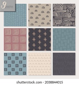 Set of nine hand drawn seamless abstract patterns. Trendy vector endless background collection in amasing color palette.