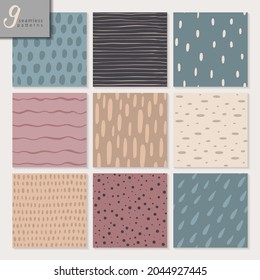 Set of nine hand drawn seamless abstract patterns with dots, stripes textures. Trendy vector endless background collection in amasing color palette.