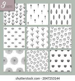 Conjunto de nueve patrones abstractos sin fisuras dibujados a mano. Colección de fondo interminable vectorial de moda en colores blanco y negro.