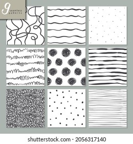 Set of nine hand drawn seamless abstract patterns. Trendy vector endless background collection in black and white colors.
