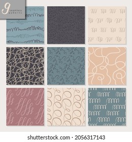 Satz von neun handgezeichneten, nahtlosen abstrakten Mustern mit Punkten, Streifen Texturen. Trendy, Vektorhintergrund, endlose Hintergrundkollektion in amüsanter Farbpalette.