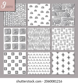 Set of nine hand drawn seamless abstract patterns. Trendy vector endless background collection in black and white colors.