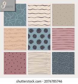 Conjunto de nueve patrones abstractos sin fisuras dibujados a mano con puntos, rayas texturas. Colección de fondo interminable vectorial de moda en la paleta de colores.