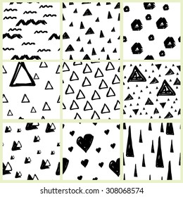 Set of nine hand drawn seamless pattern. Sketch doodles background