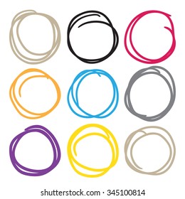 Set of nine hand drawn various color scribble circles and highlights, vector logo and diagrams design elements on white.