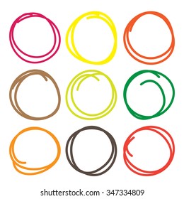 Set of nine hand drawn various color scribble circles and highlights, vector logo and diagrams design elements on white.