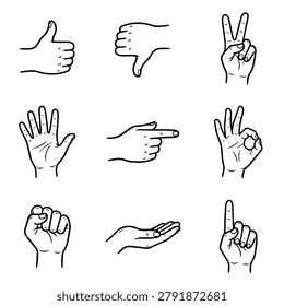 A set of nine hand gesture icons illustrating various signals and communication methods.