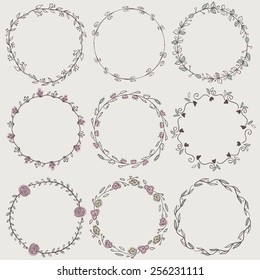 Set of nine hand-draw vector laurel wreaths. Sketch frames, hand-drawn in vintage style.  Vector illustration. Hand Drawn graphic elements. Decorative elements.